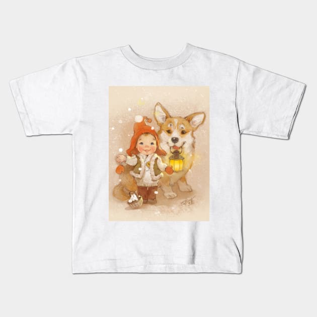Gnome and corgi. Merry christmas. Kids T-Shirt by kbabok